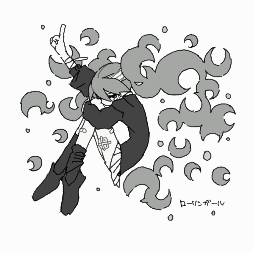 1girl, ao_6336, arm_up, bandaged_arm, bandaged_head, bandages, bandaid, bandaid_on_leg, black_shoes, black_socks, black_sweater, closed_eyes, crescent, fetal_position, gauze, gauze_on_cheek, gauze_on_leg, greyscale, hair_between_eyes, hatsune_miku, hatsune_miku_(rolling_girl), highres, long_hair, monochrome, pleated_skirt, rolling_girl_(vocaloid), school_uniform, shoes, skirt, socks, solo, song_name, sweater, twintails, very_long_hair, vocaloid