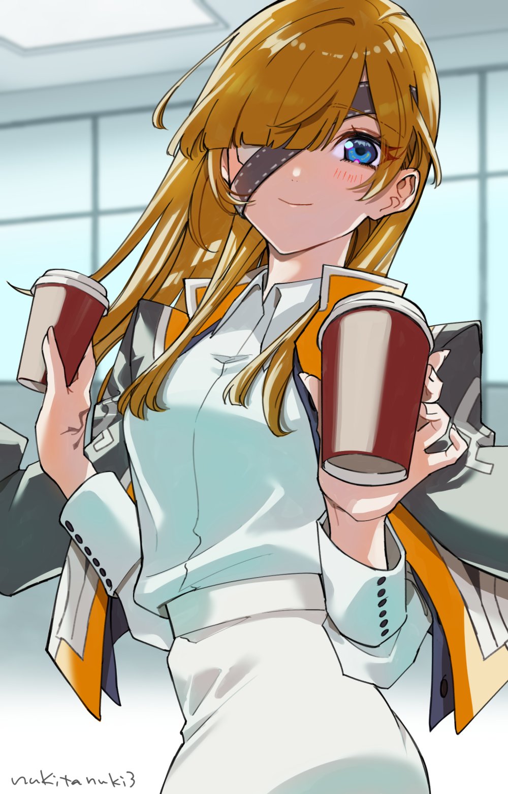 1girl, blue_eyes, blunt_bangs, brown_hair, command_spell, commentary_request, cowboy_shot, cup