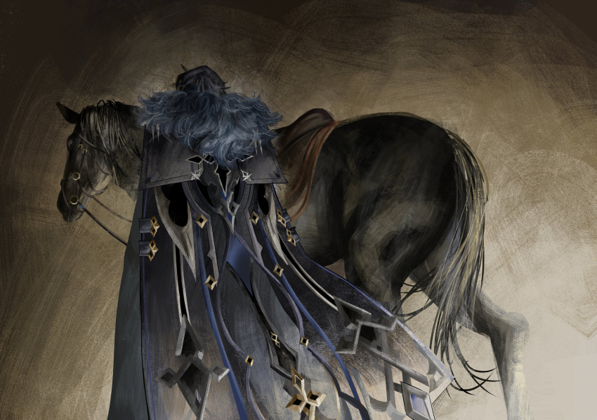 1boy, absurdres, animal, black_cape, black_coat, black_hair, black_horse, cape