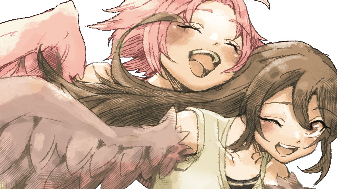 2girls, bird_legs, blush, breasts, brown_eyes, brown_feathers, brown_hair, brown_tank_top, brown_wings, closed_eyes, commentary_request, feathered_wings, feathers, harpy, kawahara0527, long_hair, mon-musu_quest!, monster_girl, multiple_girls, one_eye_closed, open_mouth, pii_(mon-musu_quest!), pina_(mon-musu_quest!), pink_feathers, pink_wings, siblings, simple_background, sisters, tank_top, teeth, tongue, upper_teeth_only, white_background, winged_arms, wings