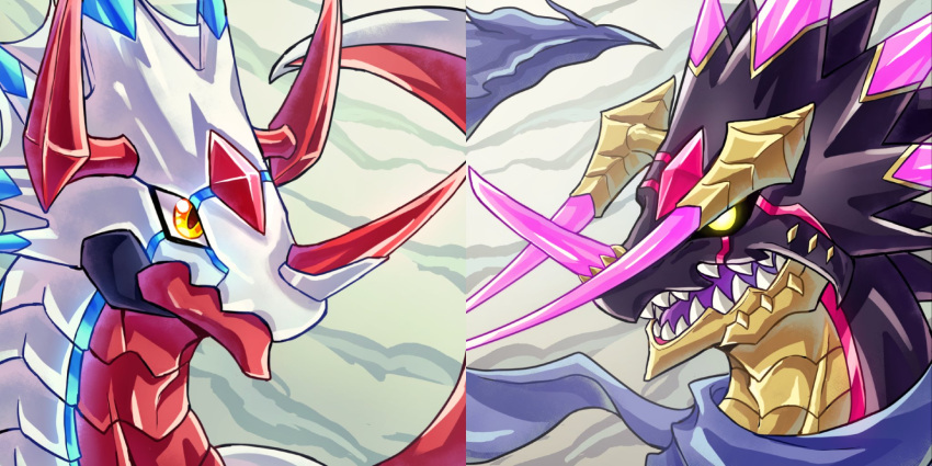 black_sclera, blue_scarf, canoweissmon, close-up, colored_sclera, commentary_request, digimon, digimon_(creature), dragon, grey_background, highres, horns, huhunuo111, regulusmon, scarf, yellow_eyes