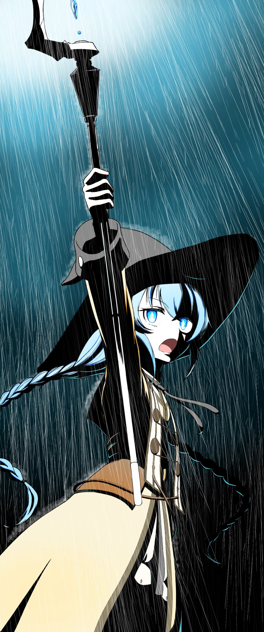 1girl, absurdres, arm_up, blue_eyes, blue_hair, braid, casting_spell, commentary_request
