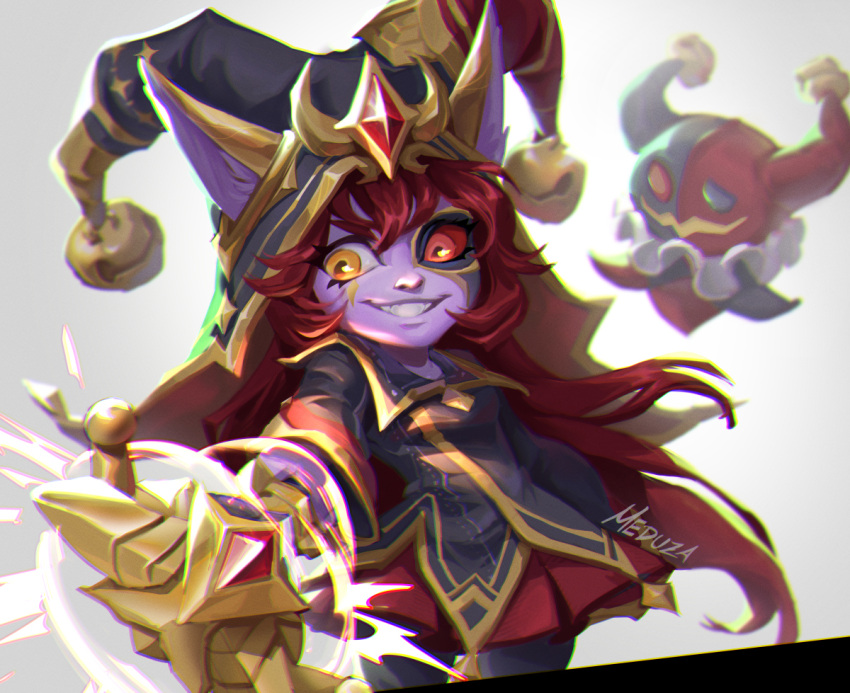 1girl, arcana_lulu_(league_of_legends), black_dress, colored_sclera, colored_skin, commentary, dress, grey_background