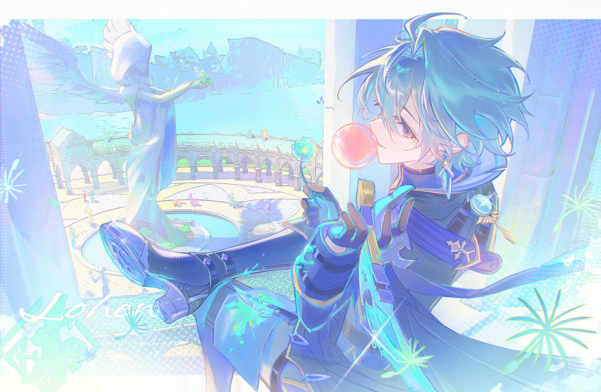 1boy, absurdres, arch, black_gloves, blowing_bubble_gum, blue_coat, boots, chewing_gum, cliff, coat, commentary, crossed_legs, dandelion, english_commentary, flower, genshin_impact, gloves, green_hair, half_gloves, highres, holding, holding_flower, lohen_(genshin_impact), looking_at_viewer, looking_back, male_focus, muimi575, outdoors, red_eyes, short_hair, sitting, smile, solo, statue