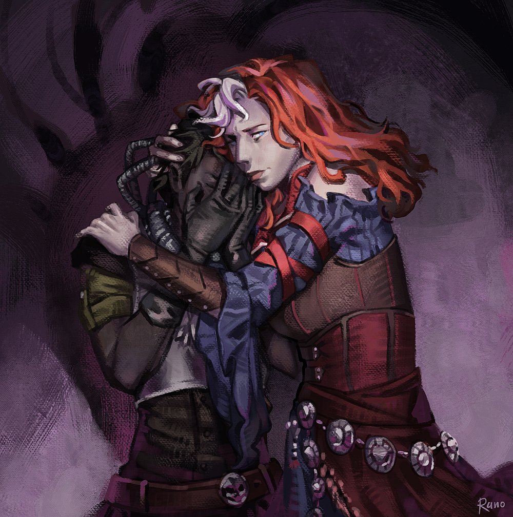 2girls, artist_name, belt, black_gloves, black_hair, blue_eyes, bodice, closed_eyes, comforting, commentary, cowboy_shot, crossover, dark-skinned_female, dark_skin, divinity:_original_sin_2, elbow_gloves, english_commentary, gloves, hand_on_another's_head, hand_on_another's_shoulder, hands_on_own_face, idira_tlass, lohse, looking_at_viewer, medium_hair, multicolored_hair, multiple_girls, raynhoro_(runo), red_hair, short_hair, signature, trait_connection, tube, two-tone_hair, warhammer_40k, warhammer_40k:_rogue_trader, wavy_hair