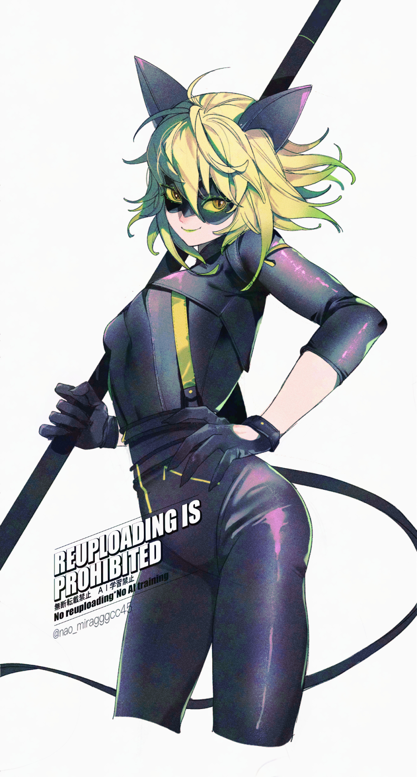 1girl, animal_ears, black_gloves, blonde_hair, cat_ears, closed_mouth, colored_sclera, commentary, cropped_legs, english_commentary, gloves, green_hair, green_lips, green_sclera, hand_on_own_hip, highres, holding, holding_staff, kitty_noir, medium_hair, miraculous_ladybug, multicolored_hair, seio_(nao_miragggcc45), smile, solo, staff, superhero_costume, twitter_username, two-tone_hair, watermark, white_background, zoe_lee