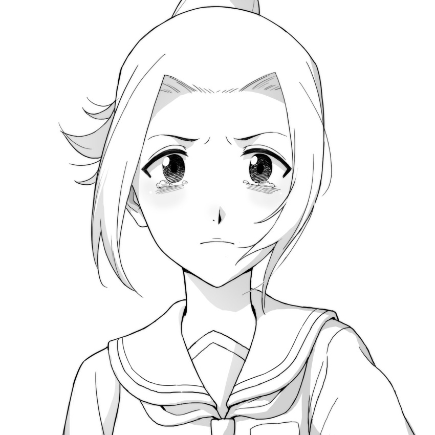 1girl, bleach, commentary, crying, crying_with_eyes_open, english_commentary, frown, greyscale