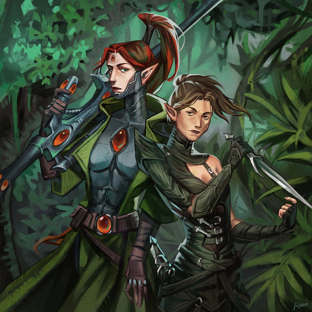 2girls, artist_name, belt, brown_eyes, brown_gloves, brown_hair, coat, commentary, cowboy_shot, crossover, cyborg, dagger, divinity:_original_sin_2, elbow_gloves, elf, english_commentary, fingerless_gloves, forehead_jewel, gem, gloves, green_coat, green_eyes, high_ponytail, holding, holding_dagger, holding_knife, holding_weapon, knife, leaf, long_hair, looking_at_viewer, multiple_girls, outdoors, over_shoulder, pointy_ears, ponytail, raynhoro_(runo), red_gem, red_hair, sebille, short_hair, signature, single_bare_shoulder, single_fingerless_glove, trait_connection, warhammer_40k, warhammer_40k:_rogue_trader, weapon, weapon_over_shoulder, yrliet_lanaevyss