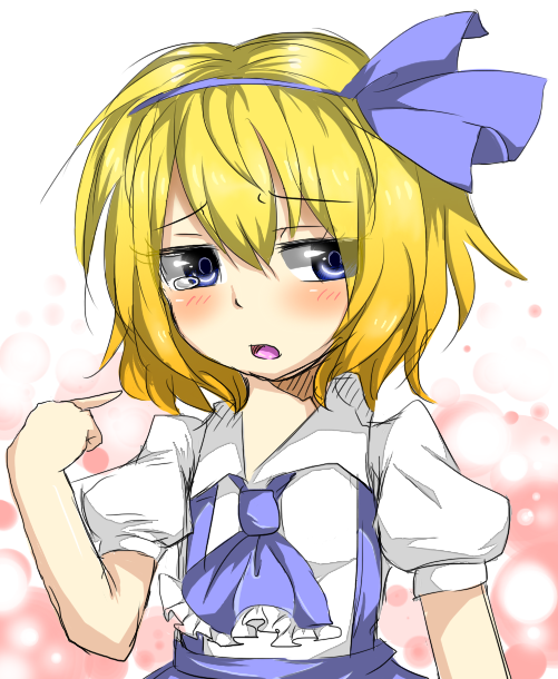 alice_margatroid, alice_margatroid_(pc-98), blonde_hair, blue_eyes, blush, hair_ribbon, pointing, pointing_at_self