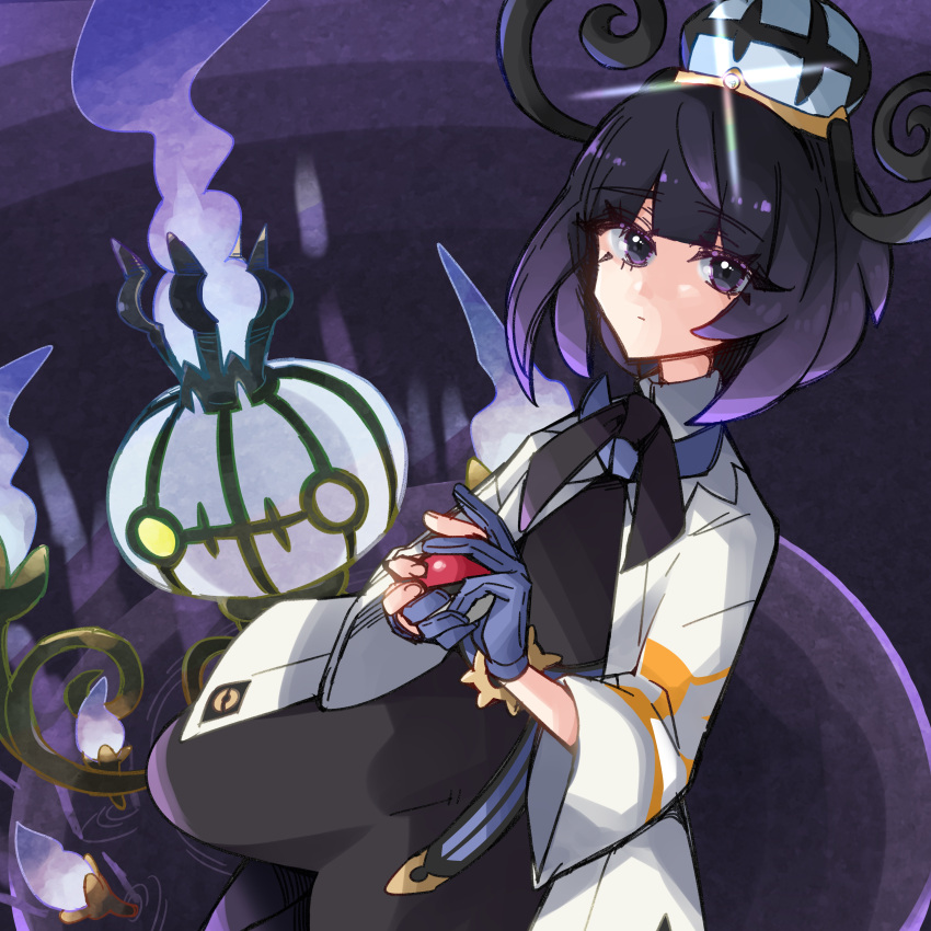1girl, absurdres, amatsuba8586, belt, belt_buckle, black_dress, blue_gloves, blunt_bangs
