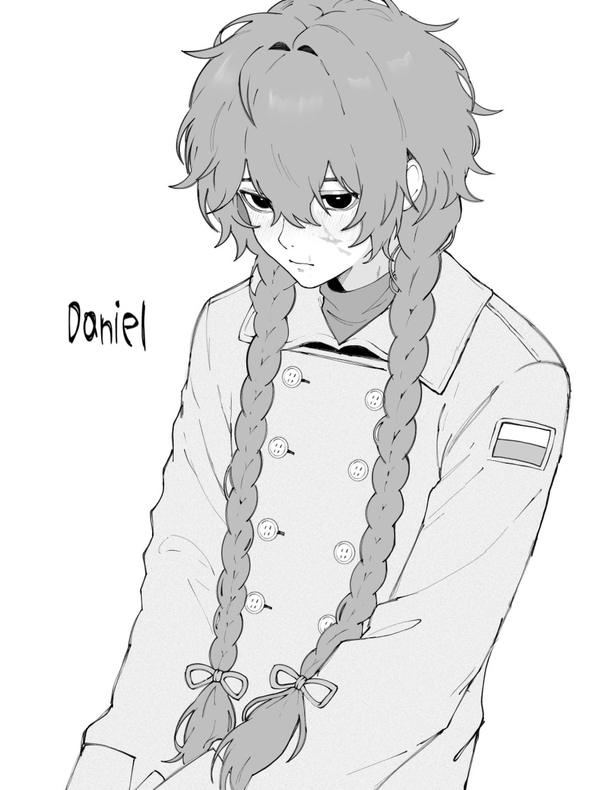 1boy, blush, braid, buttons, character_name, coat, collared_coat, commentary