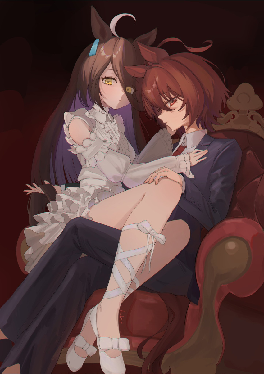 2girls, agnes_tachyon_(umamusume), ahoge, animal_ears, bare_shoulders, black_hair, black_jacket, black_pants, black_suit, blush, brown_hair, chainsaw_man, closed_mouth, clothing_cutout, collared_shirt, commentary_request, dress, ear_tag, earrings, hair_between_eyes, highres, horse_ears, horse_girl, horse_tail, jacket, jewelry, long_bangs, long_hair, long_hair_between_eyes, long_sleeves, manhattan_cafe_(umamusume), medium_hair, multicolored_hair, multiple_girls, necktie, oooaeceg, pants, red_eyes, red_necktie, ribbon, shirt, shoes, shoulder_cutout, single_earring, sitting, sitting_on_lap, sitting_on_person, suit, tail, umamusume, very_long_hair, white_dress, white_hair, white_ribbon, white_shirt, yellow_eyes