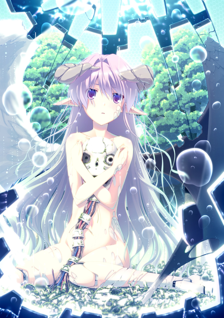 android, asymmetrical_wings, bubble, cable, highres, horns, long_hair, navel