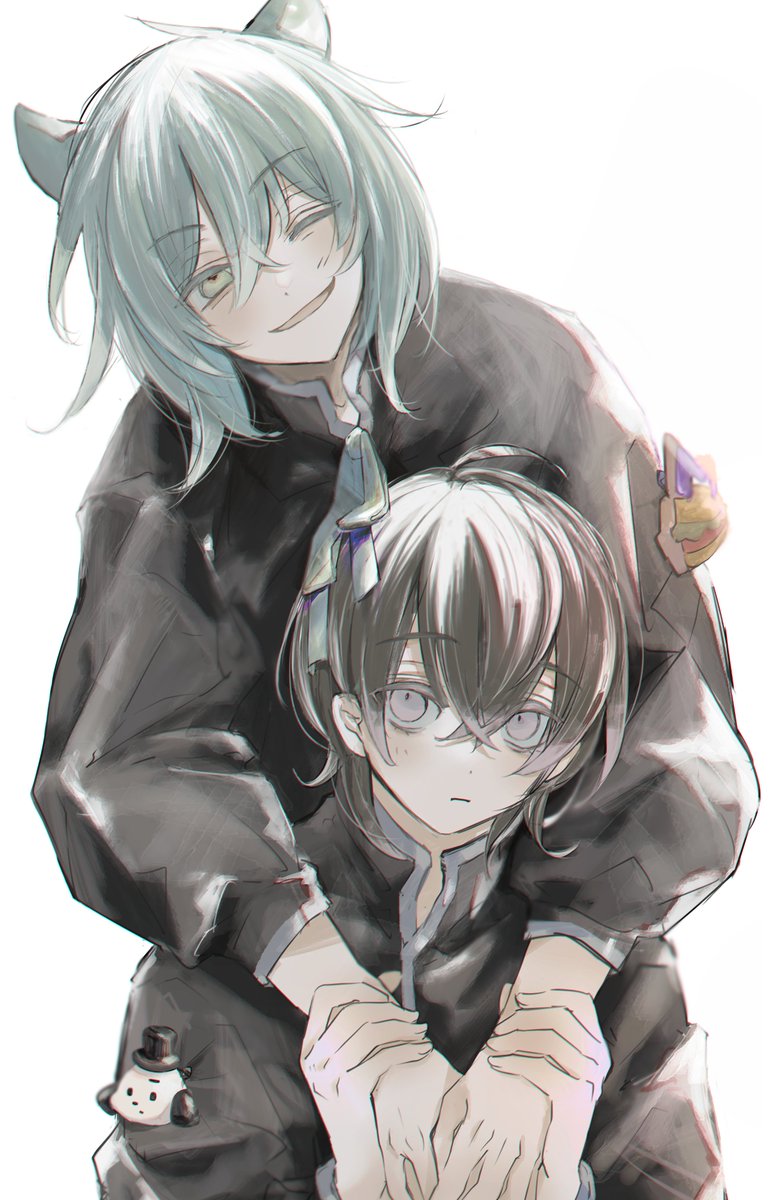 2boys, animal_ears, black_coat, black_hair, burger, coat, commentary_request, dog