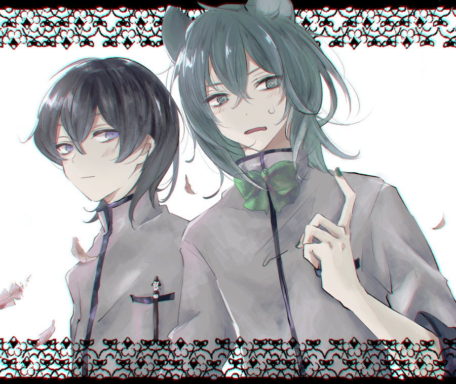 2boys, @_@, animal_ears, black_hair, blue_eyes, bow, bowtie, commentary