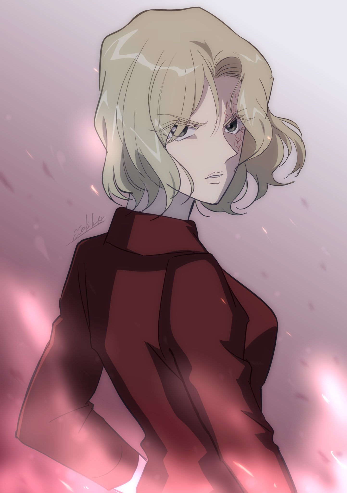 1girl, blonde_hair, bow, burn_scar, commentary_request, facing_to_the_side, from_behind, gradient_background