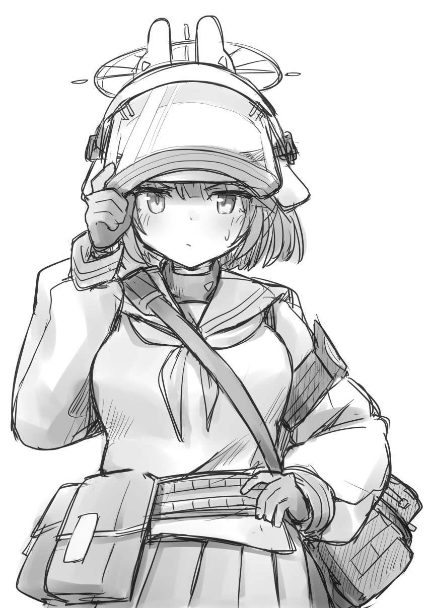 1girl, absurdres, animal_ears, armband, bag, belt, blue_archive, closed_mouth, commentary_request, gloves, halo, helmet, highres, holster, looking_at_viewer, mask, miyano_apsis, monochrome, neckerchief, rabbit_ears, sailor_collar, saki_(blue_archive), short_hair, shoulder_bag, simple_background, skirt, solo, sweatdrop, white_background