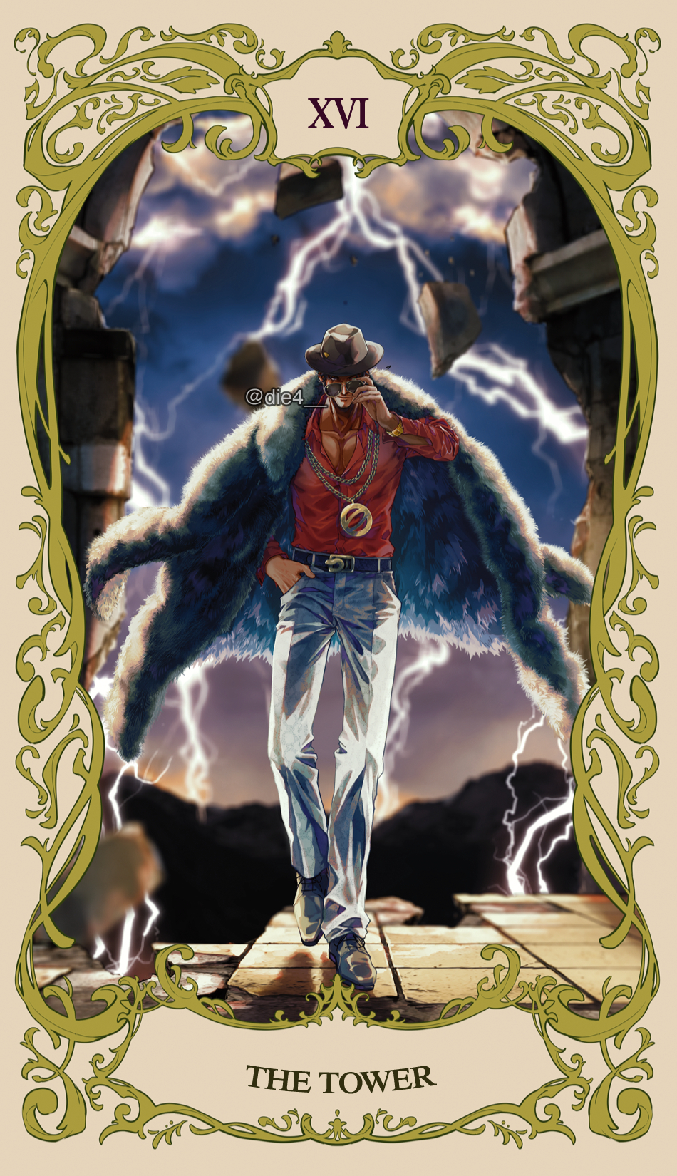 1boy, adam's_apple, amayado_rei, backlighting, beard_stubble, belt, belt_buckle, black_belt, black_coat, black_hair, black_hat, blurry, border, brown_border, brown_shoes, buckle, card_(medium), chain, chain_necklace, clouds, coat, coat_on_shoulders, collarbone, collared_shirt, commentary_request, debris, depth_of_field, destruction, dress_shoes, facial_hair, fedora, floating_clothes, fukeda_chiho, full_body, fur_coat, gold_chain, gold_wristwatch, green_eyes, grey_eyes, hand_in_pocket, hand_up, hat, hat_pin, heterochromia, highres, hypnosis_mic, jewelry, lightning, long_sleeves, looking_at_viewer, male_focus, mature_male, mountainous_horizon, multiple_necklaces, mustache_stubble, necklace, night, ornate_border, outdoors, pants, partially_unbuttoned, pectoral_cleavage, pectorals, red_shirt, removing_eyewear, scar, scar_across_eye, scar_on_face, shirt, shirt_tucked_in, shoes, short_hair, smirk, snake_belt_buckle, solo, standing, standing_on_one_leg, stone_floor, storm_cloud, straight-on, stubble, suit_pants, sunglasses, tarot, tarot_(medium), twitter_username, very_short_hair, watch, watch, white_pants, yellow_border