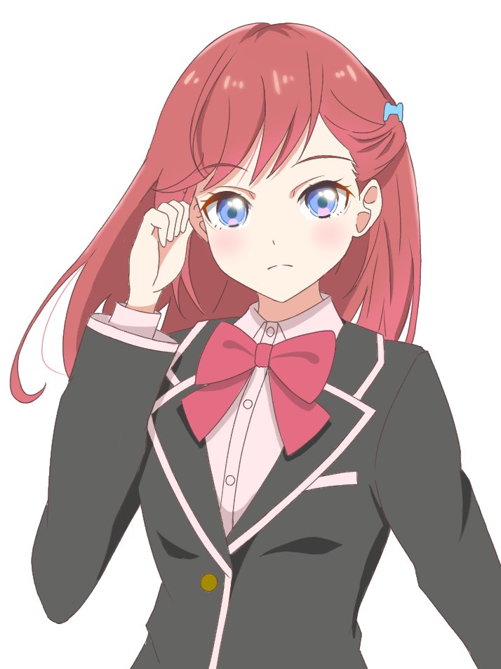1girl, black_jacket, blazer, blue_eyes, blush, bow, bowtie, collared_shirt, commentary, frown, jacket, kinjo_maika, kurumibashi_school_uniform, long_hair, looking_at_viewer, love_live!, love_live!_hasu_no_sora_jogakuin_school_idol_club, love_live!_hasu_no_sora_jogakuin_school_idol_club_bloom_garden_party, numuyu, red_bow, red_bowtie, red_hair, school_uniform, shirt, simple_background, solo, split_mouth, upper_body, white_background, white_shirt