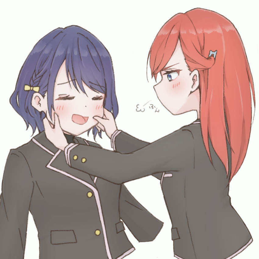 2girls, :d, black_jacket, blazer, blue_eyes, blue_hair, blush, bow, braid, cheek_pinching, closed_eyes, commentary_request, hair_bow, highres, jacket, kinjo_maika, kurumibashi_school_uniform, long_hair, long_sleeves, looking_at_another, love_live!, love_live!_hasu_no_sora_jogakuin_school_idol_club, love_live!_hasu_no_sora_jogakuin_school_idol_club_bloom_garden_party, medium_hair, multiple_girls, no_mouth, open_mouth, pinching, puff_of_air, ranshou, red_hair, reisawa_aoi, school_uniform, side_braid, simple_background, smile, thigh-highs, undershirt, white_background, yellow_bow