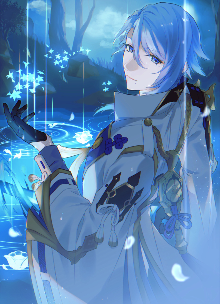 1boy, absurdres, arm_guards, armor, asymmetrical_armor, black_armor, black_gloves, blue_eyes