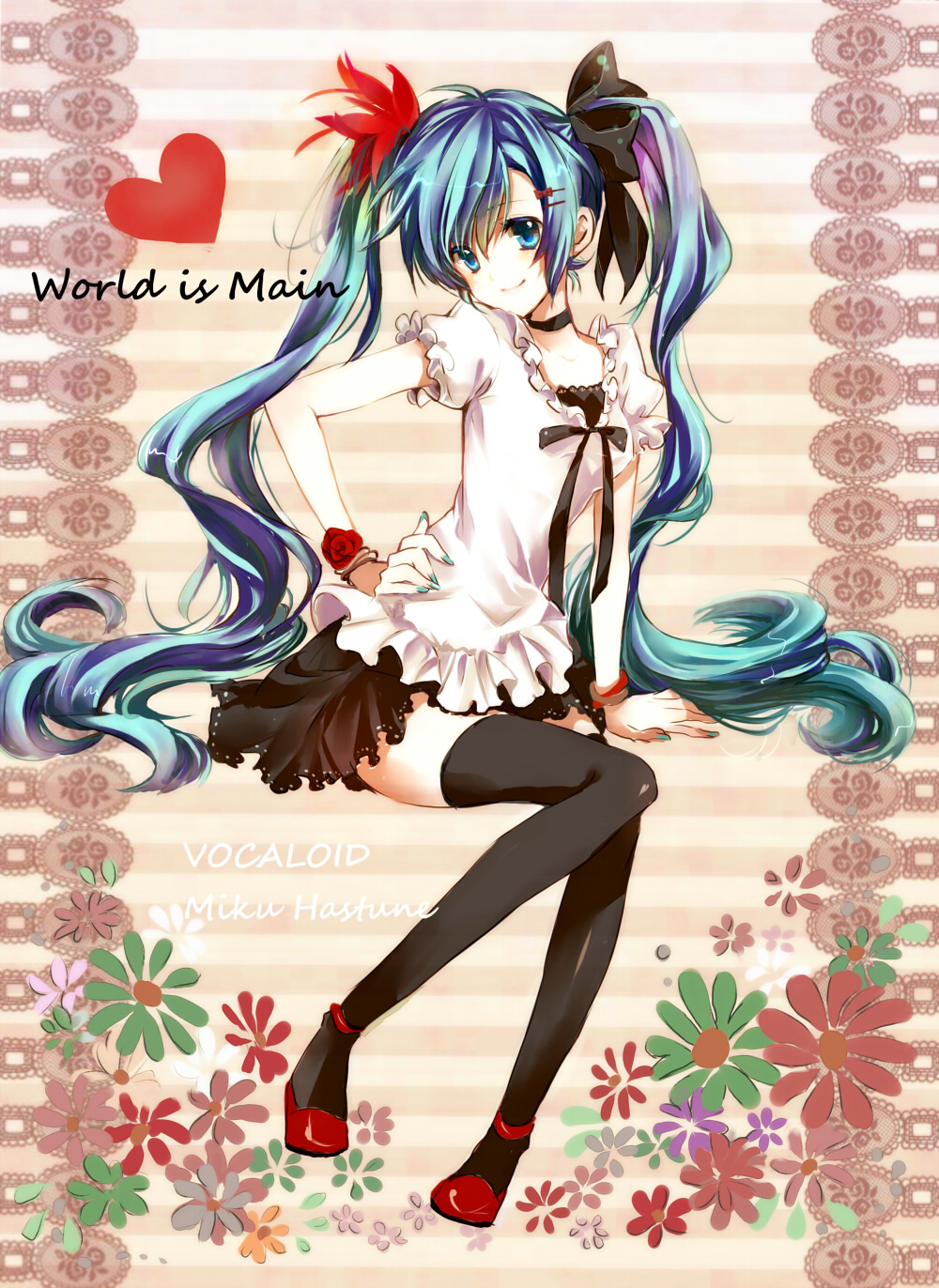 aqua_eyes, aqua_hair, arm_support, bracelet, choker, engrish, hair_ornament, hairclip, hand_on_hip, hatsune_miku, highres, hips, jewelry, long_hair, nail_polish, ranguage, serinavvv, sitting, skirt, smile, solo, thigh-highs, thighhighs, twintails, typo, very_long_hair, vocaloid, world_is_mine_(vocaloid)