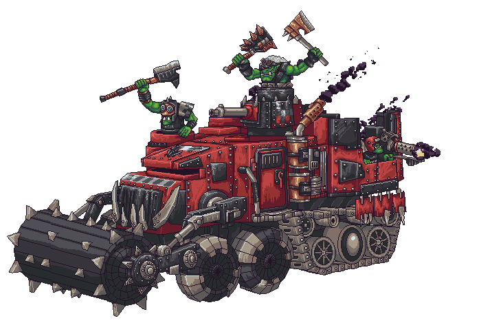 3boys, alien, american_football_helmet, animated, animated_gif, armor, armored_vehicle, axe, battle_axe, black_smoke, colored_skin, exhaust_pipe, eyewear_on_head, firing, goggles, green_skin, gun, half-track, hammer, helmet, holding, holding_gun, holding_hammer, holding_weapon, motor_vehicle, multiple_boys, muzzle_flash, night_vision_device, on_steamroller, orc, ork_(warhammer), ork_shoota, pixel_art, recoil, red_eyes, simple_background, spikes, steamroller, steel_joe, teeth, tusks, war_hammer, warhammer_40k, weapon, white_background
