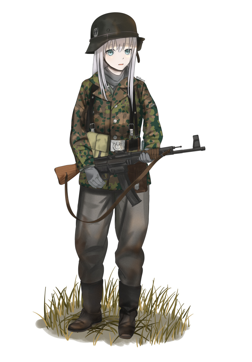 1girl, absurdres, ammunition_pouch, aqua_eyes, assault_rifle, belt_buckle, black_boots, black_helmet