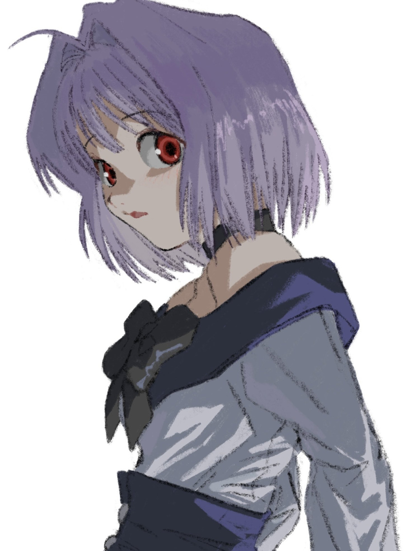 1girl, bare_shoulders, black_choker, black_ribbon, choker, curtained_hair, dress, highres, looking_at_viewer, off-shoulder_dress, off_shoulder, open_mouth, parted_lips, purple_hair, red_eyes, ribbon, sarasa_ruri, short_hair, simple_background, solo, strapless, strapless_dress, tokyo_underground, white_background, white_dress, z1vfcd2