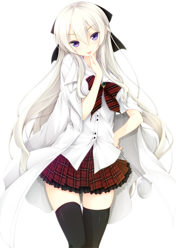 :p, black_legwear, blush, bow, bowtie, coat_over_shoulders, hair_between_eyes, hair_bow, half_updo, jacket_on_shoulders, jounouchi_shirona, labcoat, ladle, long_hair, luna_lia, original, plaid, plaid_skirt, purple_eyes, school_uniform, shirona-san_oishiku_itadaichaimasu, silver_hair, skirt, smile, solo, thigh-highs, thighhighs, tongue, white_hair, zettai_ryouiki