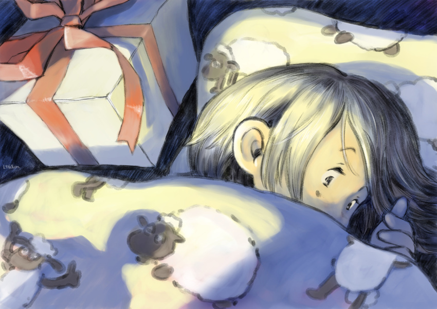 1girl, animal_print, black_eyes, black_hair, blanket, box, commentary_request, gift