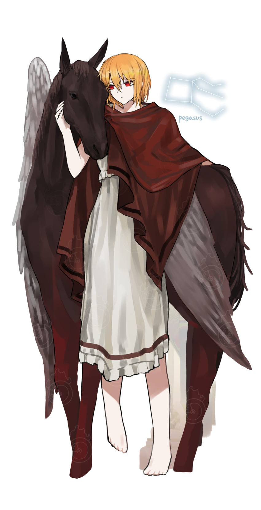absurdres, ancient_greek_clothes, barefoot, blonde_hair, chiton, cloak, clock, commentary_request