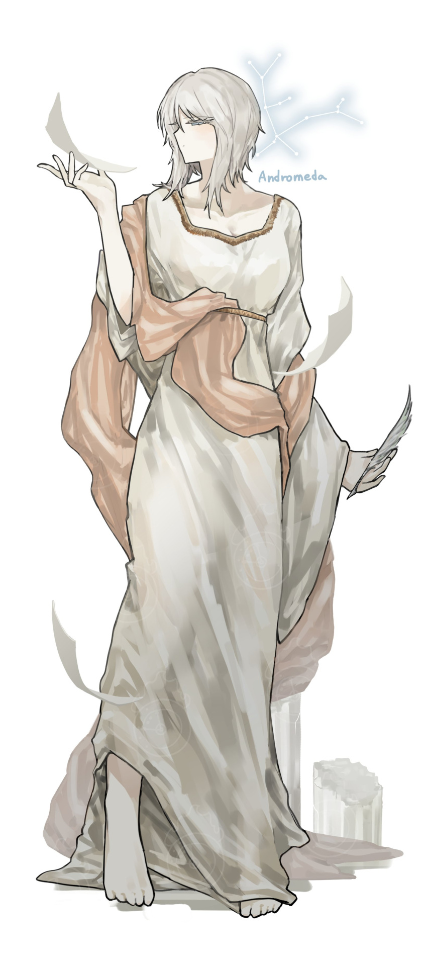 absurdres, ancient_greek_clothes, andromeda_(constellation), barefoot, blue_eyes, chiton, clock, closed_mouth