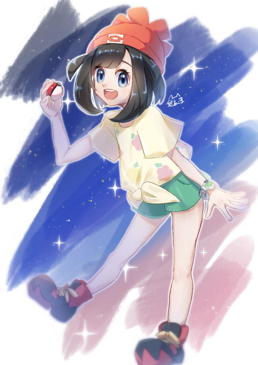 1girl, 3q_vbp_poke, :d, black_hair, black_shoes, blue_eyes, bob_cut, commentary_request, english_commentary, green_shorts, hat, highres, holding, holding_poke_ball, looking_at_viewer, mixed-language_commentary, open_mouth, poke_ball, poke_ball_(basic), pokemon, pokemon_sun_and_moon, red_hat, selene_(pokemon), shirt, shoes, short_hair, short_sleeves, shorts, smile, solo, teeth, tied_shirt, upper_teeth_only, yellow_shirt