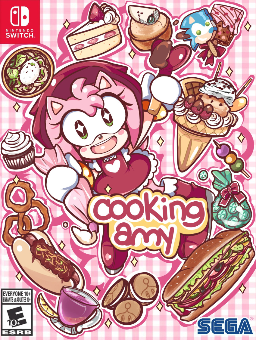 absurdres, alii_(piink_rose), alternate_costume, amy_rose, cake, chao_(sonic), chili_dog, content_rating, cooking_mama, copyright_name, cupcake, dango, derivative_work, food, fruit, green_eyes, hedgehog_girl, highres, hot_dog, lace_trim, lemon, lemon_slice, nintendo_switch_logo, onion_rings, pastry_bag, peppermint, pink_background, pink_hair, plaid_background, salad, sandwich, sega, solo_focus, sonic_(series), sonic_popsicle, sonic_the_hedgehog, sparkling_eyes, strawberry_cake, submarine_sandwich, video_game_cover_redraw, wagashi