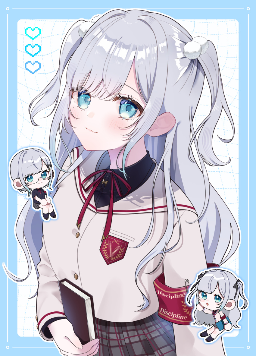 1girl, absurdres, aqua_eyes, armband, blush, book, chibi, chibi_inset, closed_mouth, commentary_request, grey_hair, hair_ornament, heart, highres, holding, holding_book, kaga_sumire, kaga_sumire_(9th_costume), long_hair, long_sleeves, looking_at_viewer, mole, mole_under_eye, neck_ribbon, pom_pom_(clothes), pom_pom_hair_ornament, red_armband, red_ribbon, ribbon, sato_iori_(pixiv_87640444), skirt, solo, virtual_youtuber, vspo!
