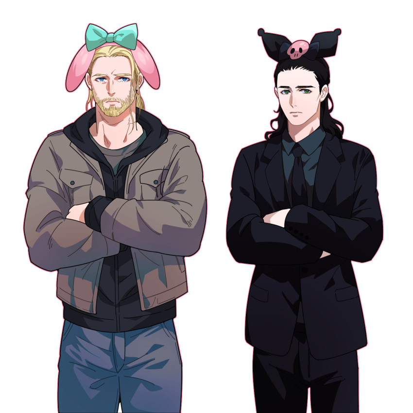 2boys, 444_fofofo, beard, black_hair, black_jacket, black_necktie, blonde_hair, closed_mouth