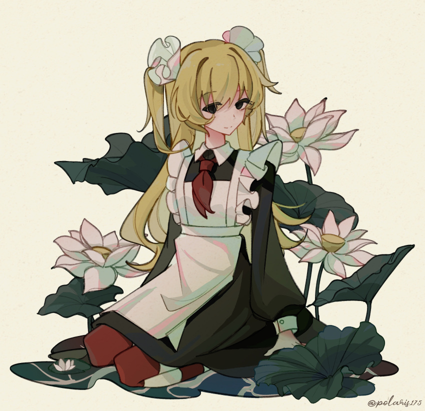 1girl, absurdres, apron, black_dress, black_eyes, blonde_hair, chinese_commentary, commentary_request
