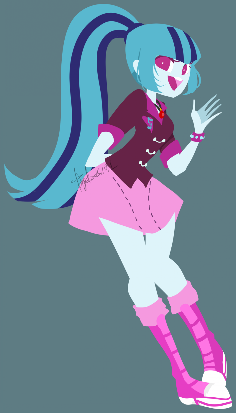 1girl, :d, arm_behind_back, artist_name, bare_arms, bare_legs, black_streaks, blue_hair