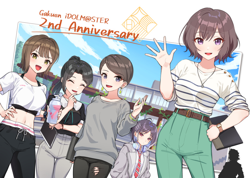 1boy, 5girls, anniversary, black_hair, bottle, brown_hair, commentary_request, copyright_name, cropped_shirt, dance_trainer_(gakuen_idolmaster), dutch_angle, gakuen_idolmaster, green_pants, grey_jacket, headphones, headphones_around_neck, highres, holding, holding_bottle, idolmaster, jacket, jewelry, juo_kunio, kamille_(vcx68), looking_at_viewer, mashiro_yu, multiple_girls, navel, necklace, neo_asari, pants, ponytail, school_uniform, shirt, shirt_tucked_in, short_hair, silhouette, stomach, striped_clothes, striped_shirt, swept_bangs, visual_trainer_(gakuen_idolmaster), vocal_trainer_(gakuen_idolmaster), watch, watch, white_shirt