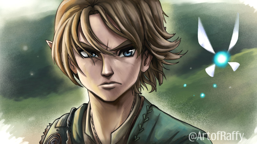 1boy, blue_eyes, brown_hair, commentary, english_commentary, frown, furrowed_brow, green_background, highres, jewelry, link, lips, male_focus, navi, necklace, pointy_ears, portrait, rafael_andaya, serious, solo, the_legend_of_zelda, twitter_username, watermark