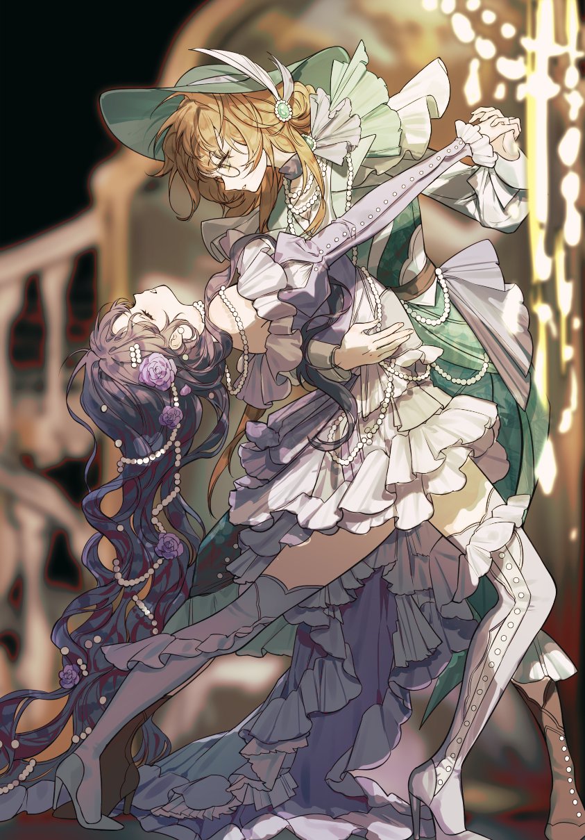 2girls, alternate_costume, arched_back, arm_across_waist, bare_shoulders, blurry, blurry_background, boots