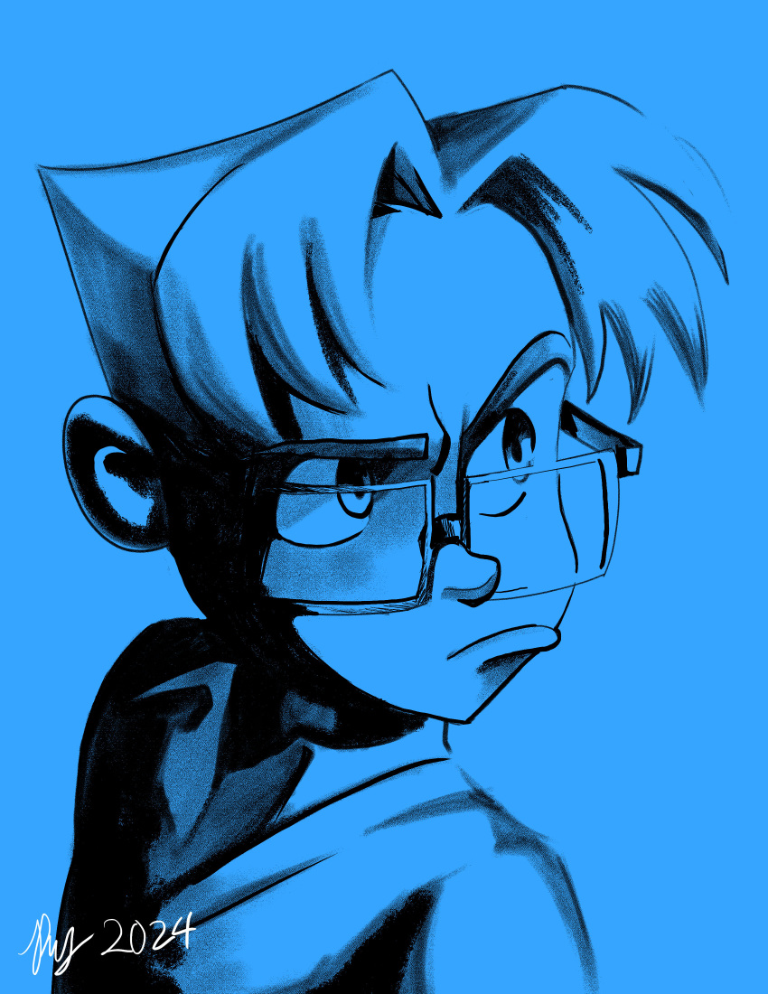 1boy, 2024, absurdres, blue_theme, commentary, english_commentary, frown, glasses