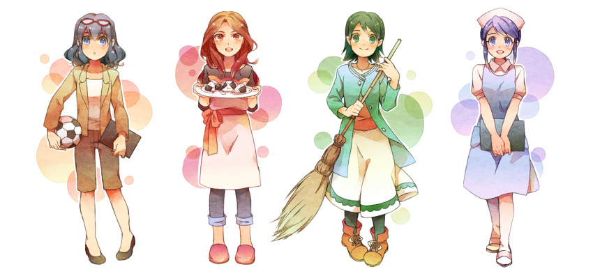 ball, blue_hair, blush, broom, brown_eyes, brown_hair, clipboard, dress