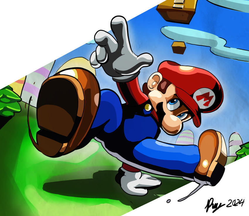 1boy, 2024, ?_block, absurdres, bemani, blue_eyes, blue_overalls, brown_hair
