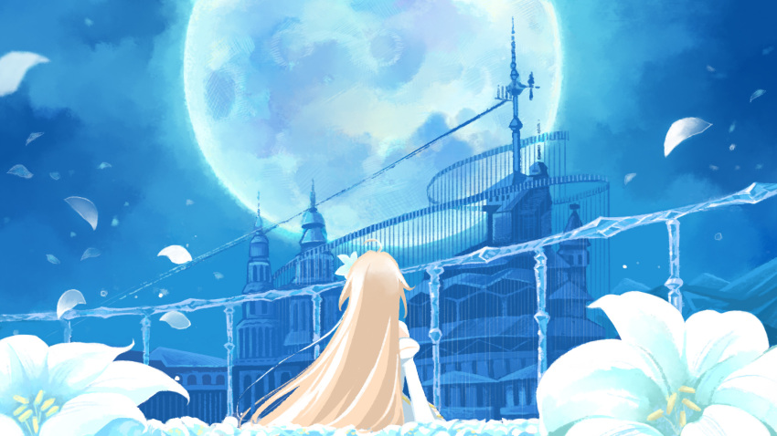 1girl, antenna_hair, archetype_earth, arcueid_brunestud, arm_support, bare_shoulders, blonde_hair, blue_flower