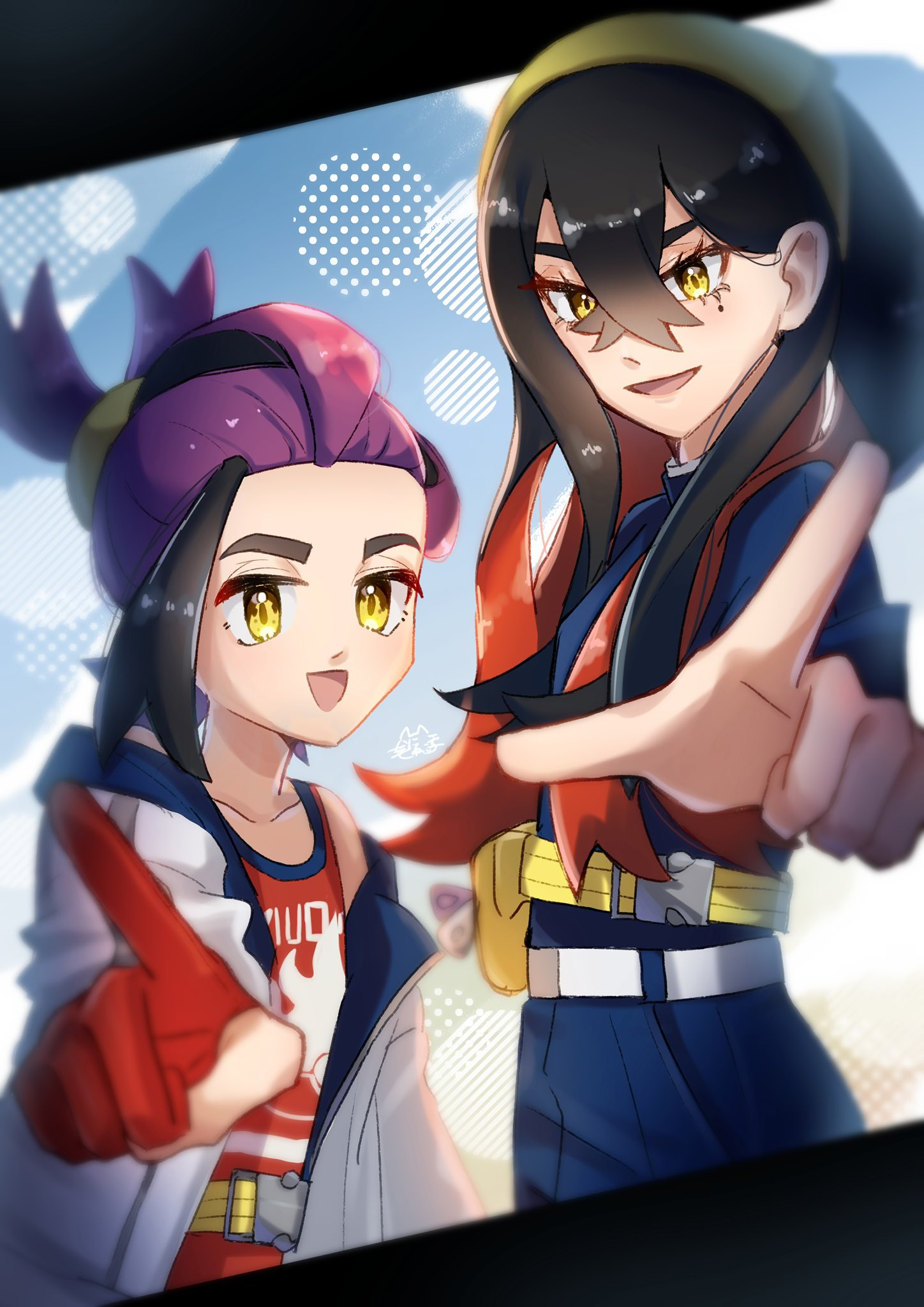 1boy, 1girl, 3q_vbp_poke, :d, black_hair, blue_jacket, blue_pants, blueberry_academy_school_uniform