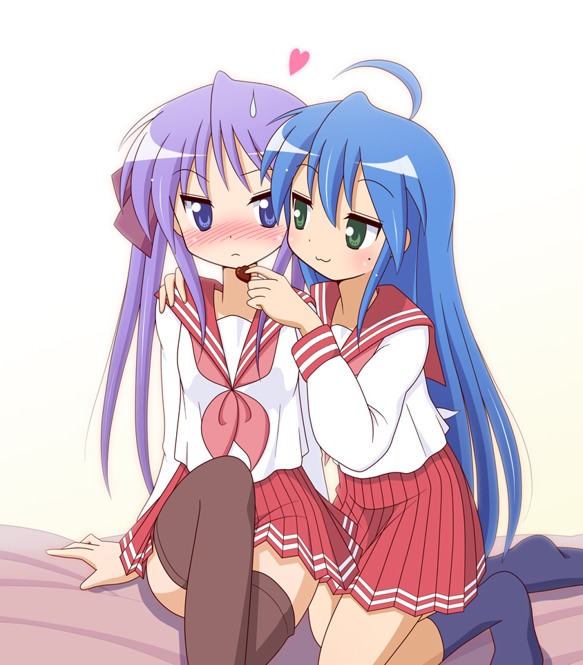 :3, ahoge, blue_eyes, blue_hair, blush, chocolate, crossed_legs, feeding, green_eyes, heart, hiiragi_kagami, izumi_konata, long_hair, lucky_star, mel_(artist), multiple_girls, purple_hair, school_uniform, serafuku, sitting, sweatdrop, thigh-highs, thighhighs, twintails, yuri