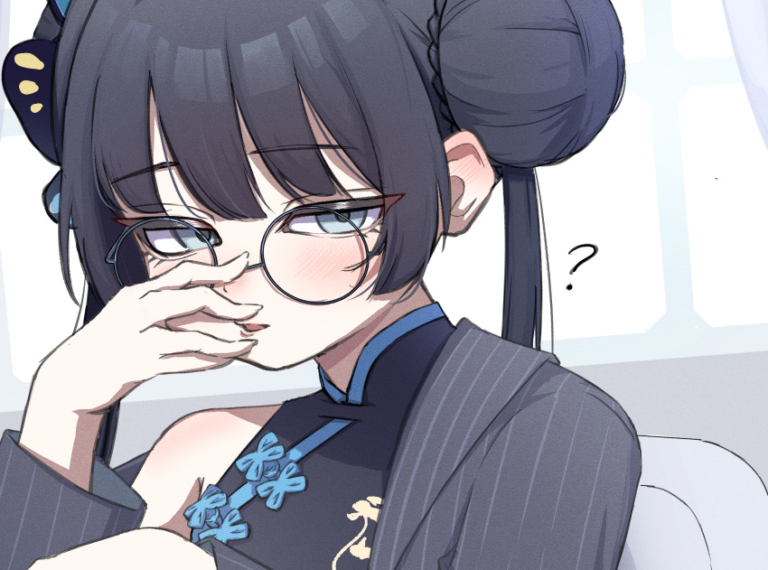 1girl, absurdres, adjusting_eyewear, bespectacled, black_hair, blue_archive, china_dress, chinese_clothes