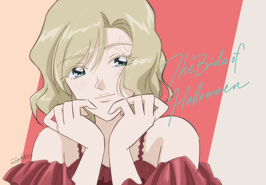 1girl, blonde_hair, burn_scar, closed_mouth, copyright_name, dress, green_eyes, hand_to_own_mouth